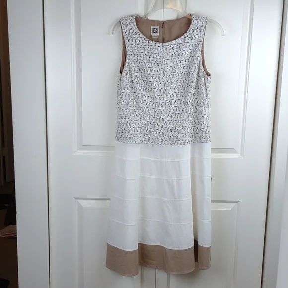 Anne Klein Sleeveless Lace Overlay Cotton Blend Tiered Skirt Tan & White Dress - Picture 2 of 11